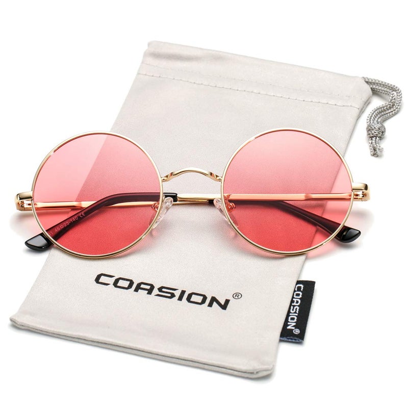 COASION Retro Small Round Polarized Sunglasses for Women Men Circle UV400 Sun Glasses (Gold Frame/Clear Pink Lens) - Image 3